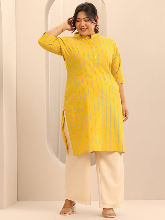 Plus Size Mustard Woven Design Cotton Blend Straight Kurta