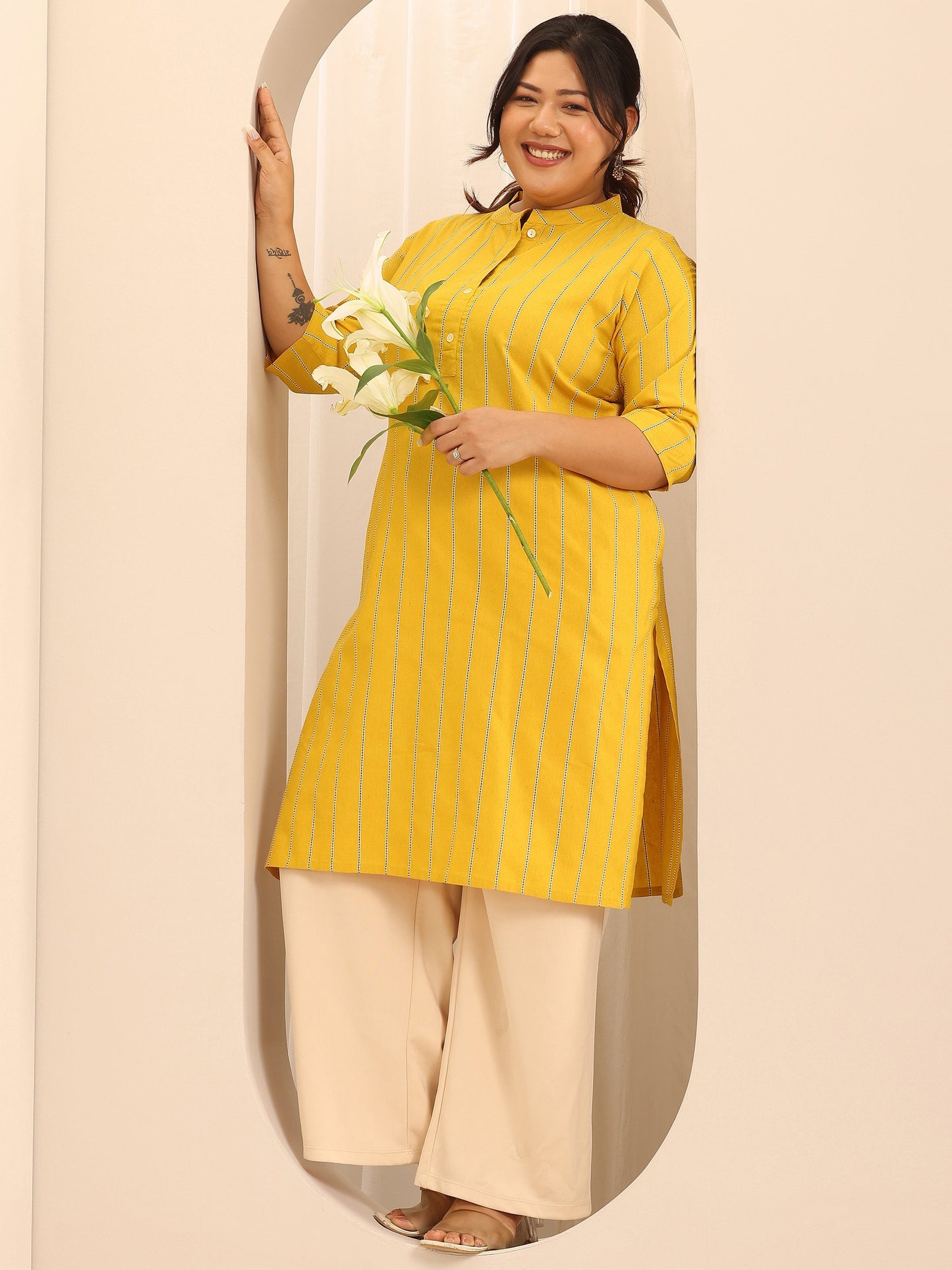 Plus Size Mustard Woven Design Cotton Blend Straight Kurta