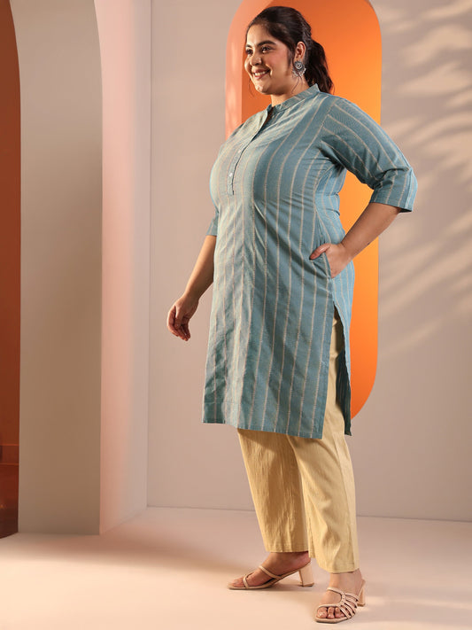 Plus Size Blue Woven Design Cotton Blend Straight Kurta