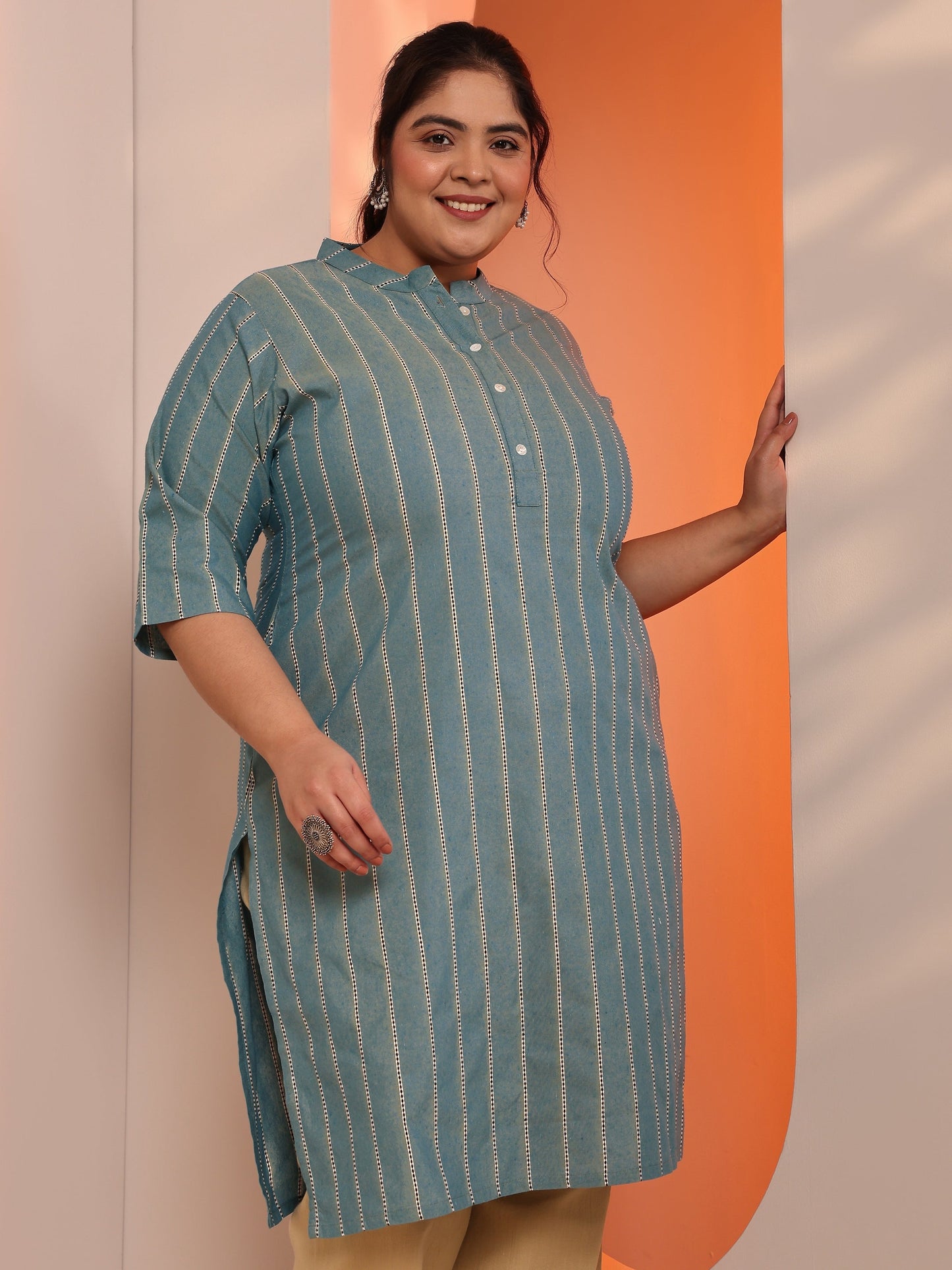 Plus Size Blue Woven Design Cotton Blend Straight Kurta
