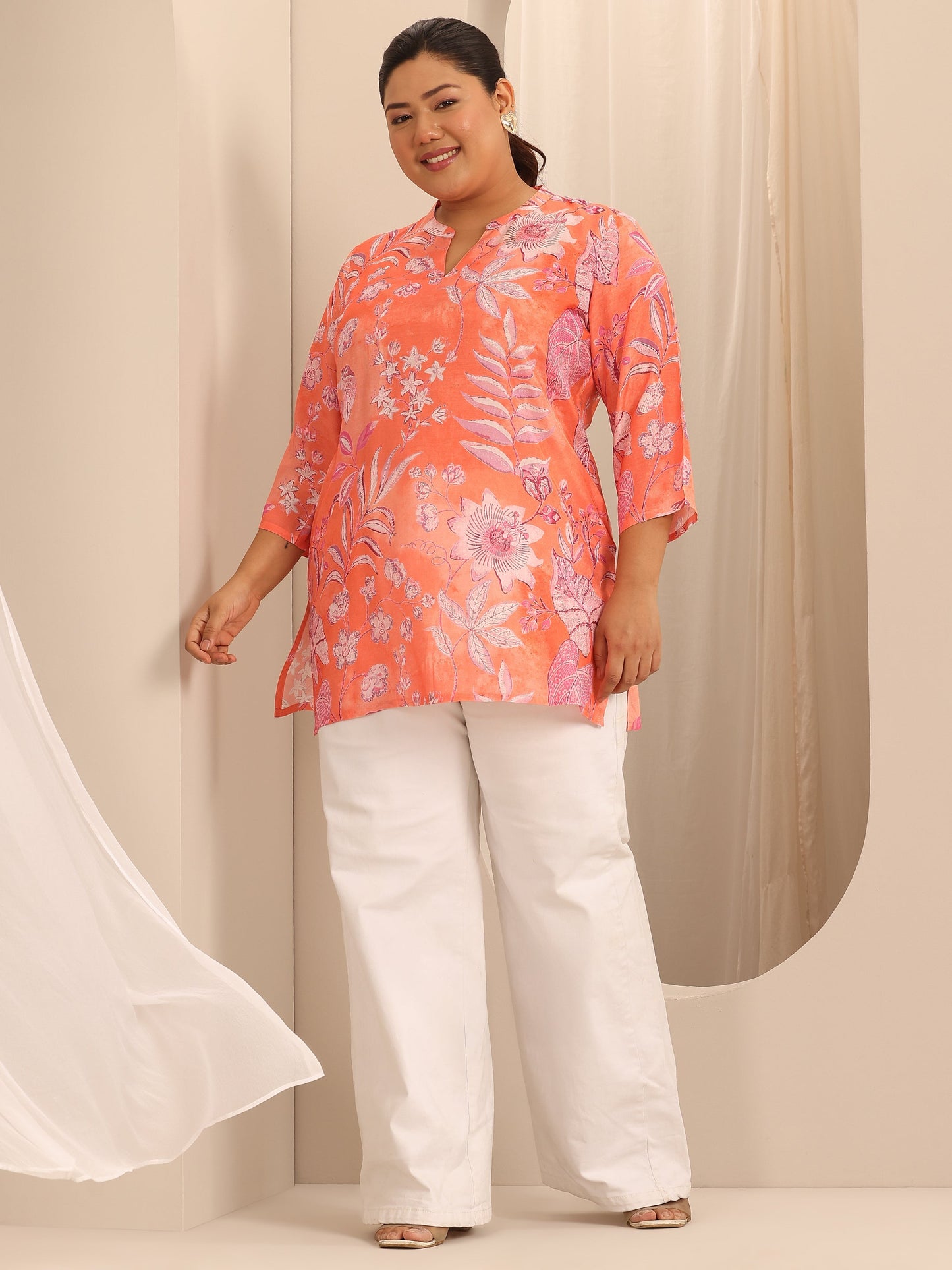 Plus Size Orange Printed Muslin Straight Tunic