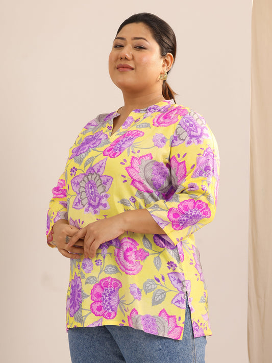 Plus Size Yellow Printed Muslin Straight Tunic