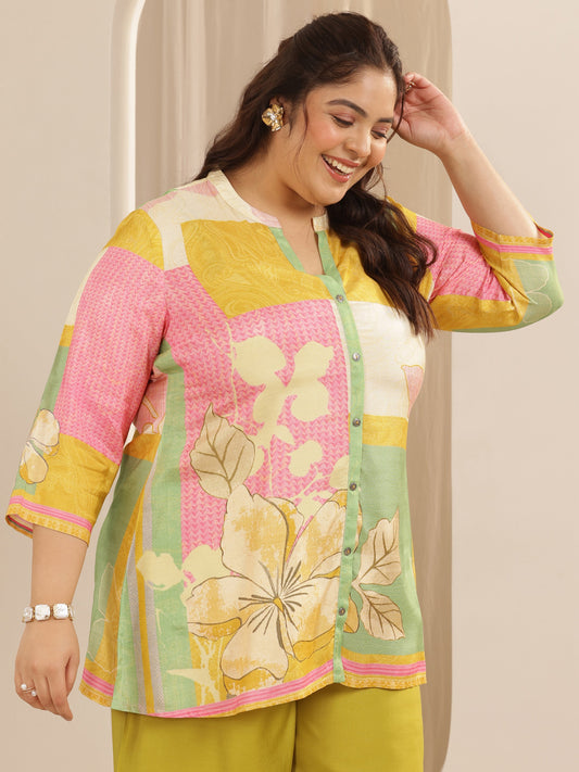 Plus Size Multi Printed Muslin Straight Short Kurti