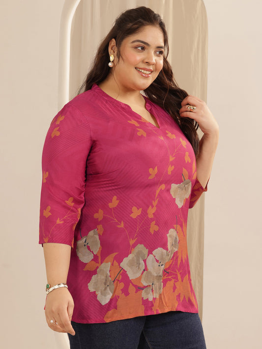 Plus Size Red Printed Muslin Straight Short Kurti