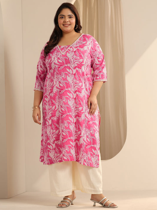 Plus Size Pink Printed Viscose Straight Kurta
