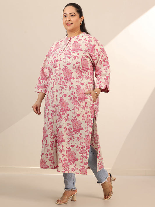 Plus Size Pink Printed Cotton Straight Kurta