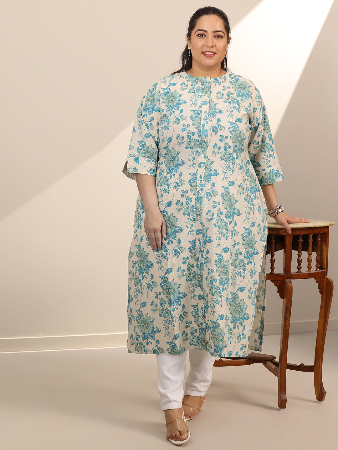 Plus Size Off White Printed Cotton Straight Kurta