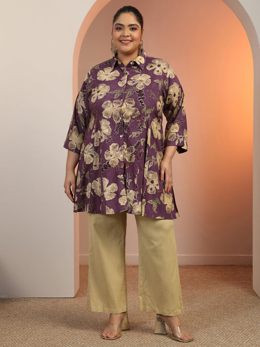 Plus Size Mauve Printed Rayon A-line Short Kurti