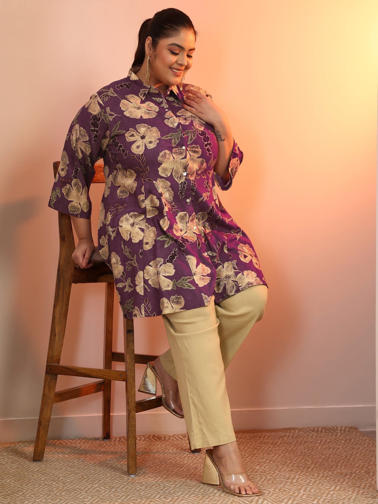 Plus Size Mauve Printed Rayon A-line Short Kurti