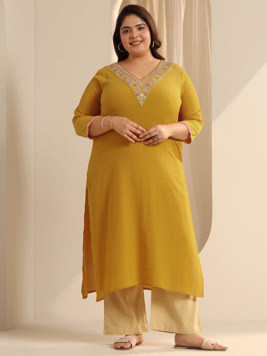 Plus Size Mustard Yoke Design Silk blend Straight Kurta