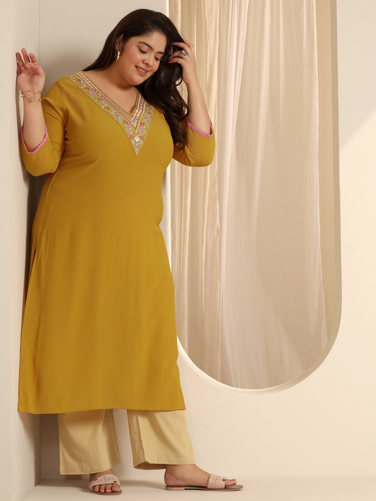 Plus Size Mustard Yoke Design Silk blend Straight Kurta