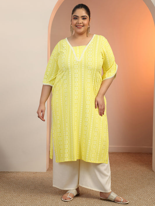 Plus Size Yellow Printed Rayon Straight Kurta