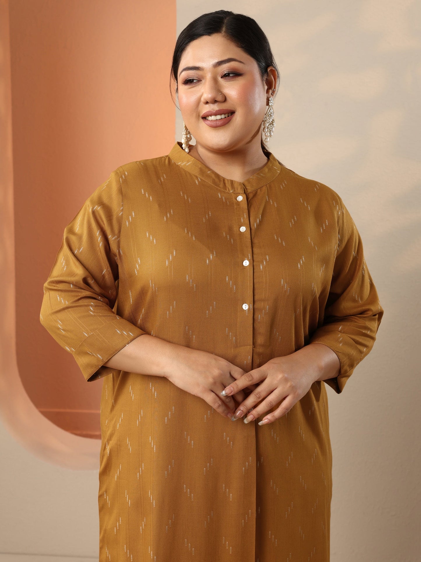 Plus Size Mustard Woven Design Rayon Straight Kurta