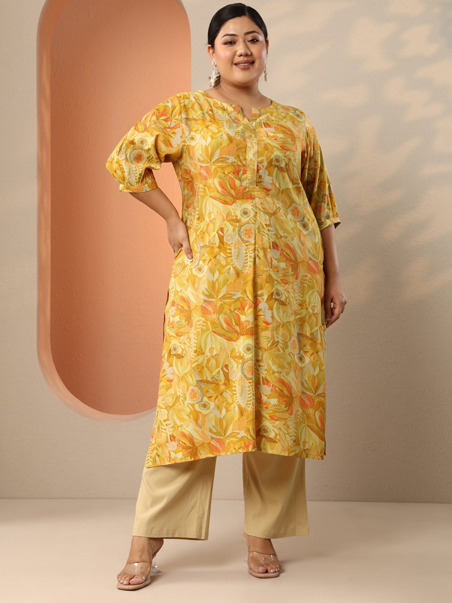 Plus Size Mustard Printed Silk Blend Straight Kurta