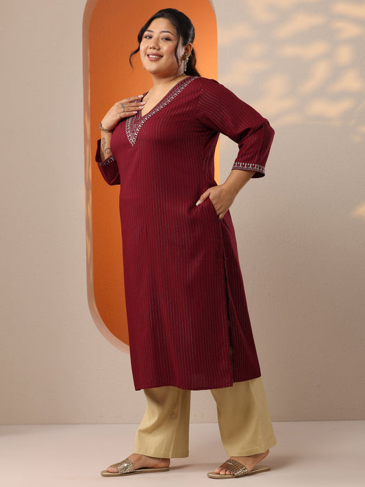 Plus Size Red Embellished Rayon Straight Kurta