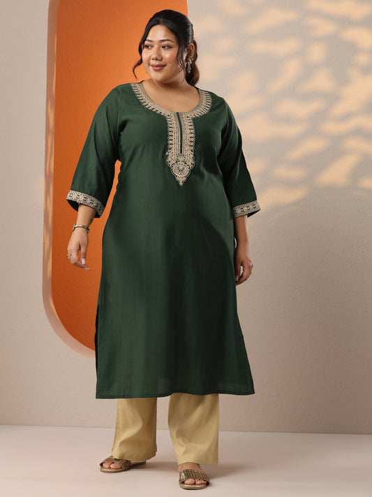 Plus Size Green Embroidered Silk Blend Straight Kurta
