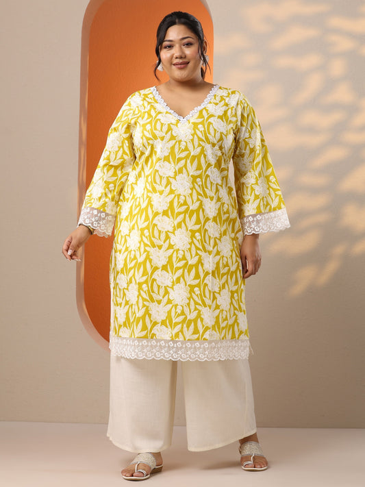 Plus Size Yellow Embroidered Cotton Straight Kurta