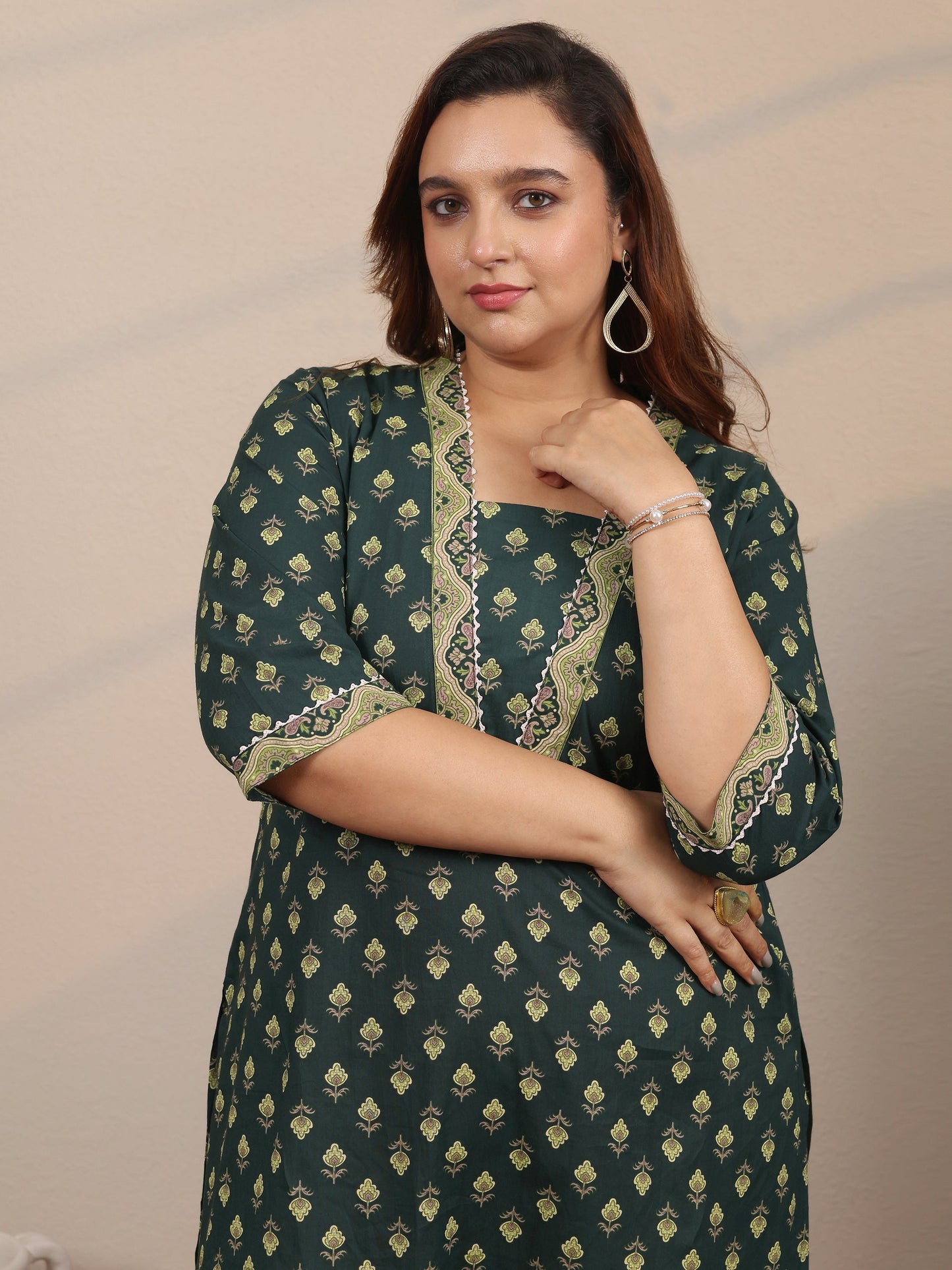 Plus Size Green Printed Cotton Straight Kurta