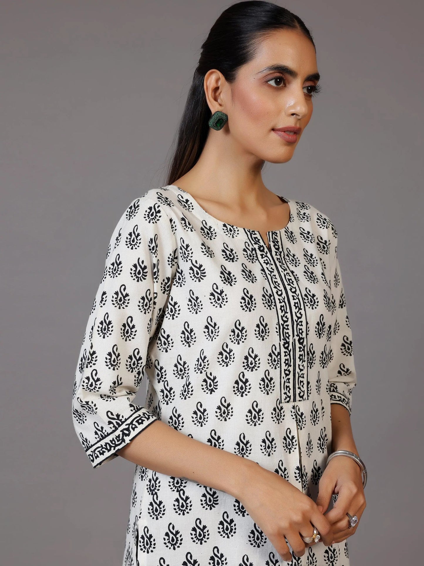 White Printed Cotton Straight Kurti