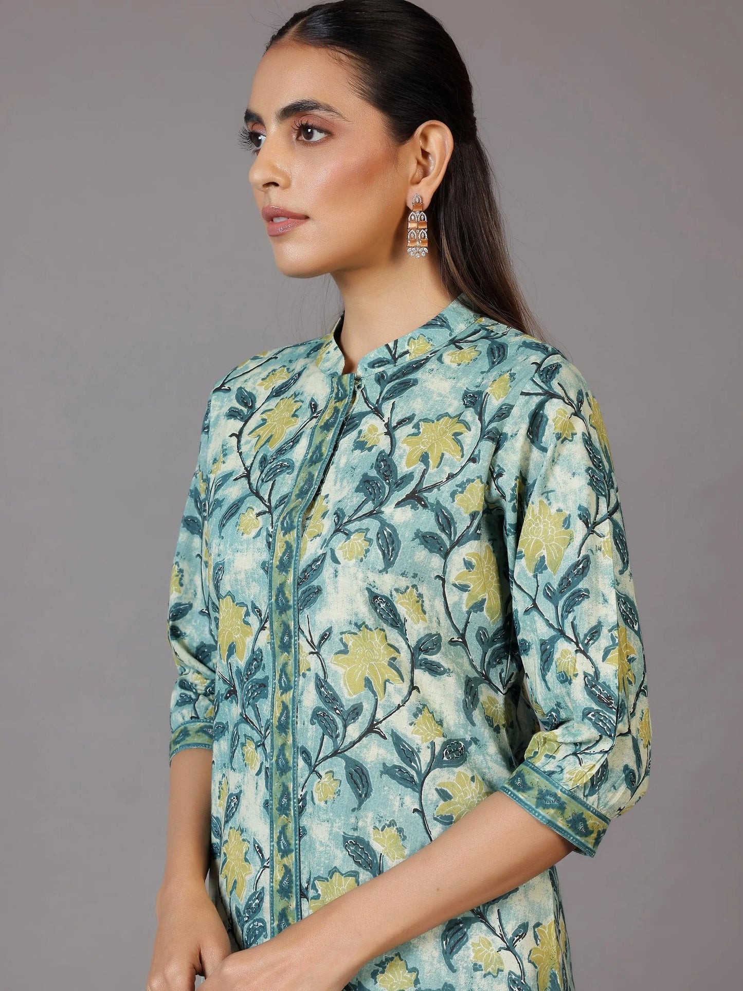 Green Printed Cotton Straight Kurti