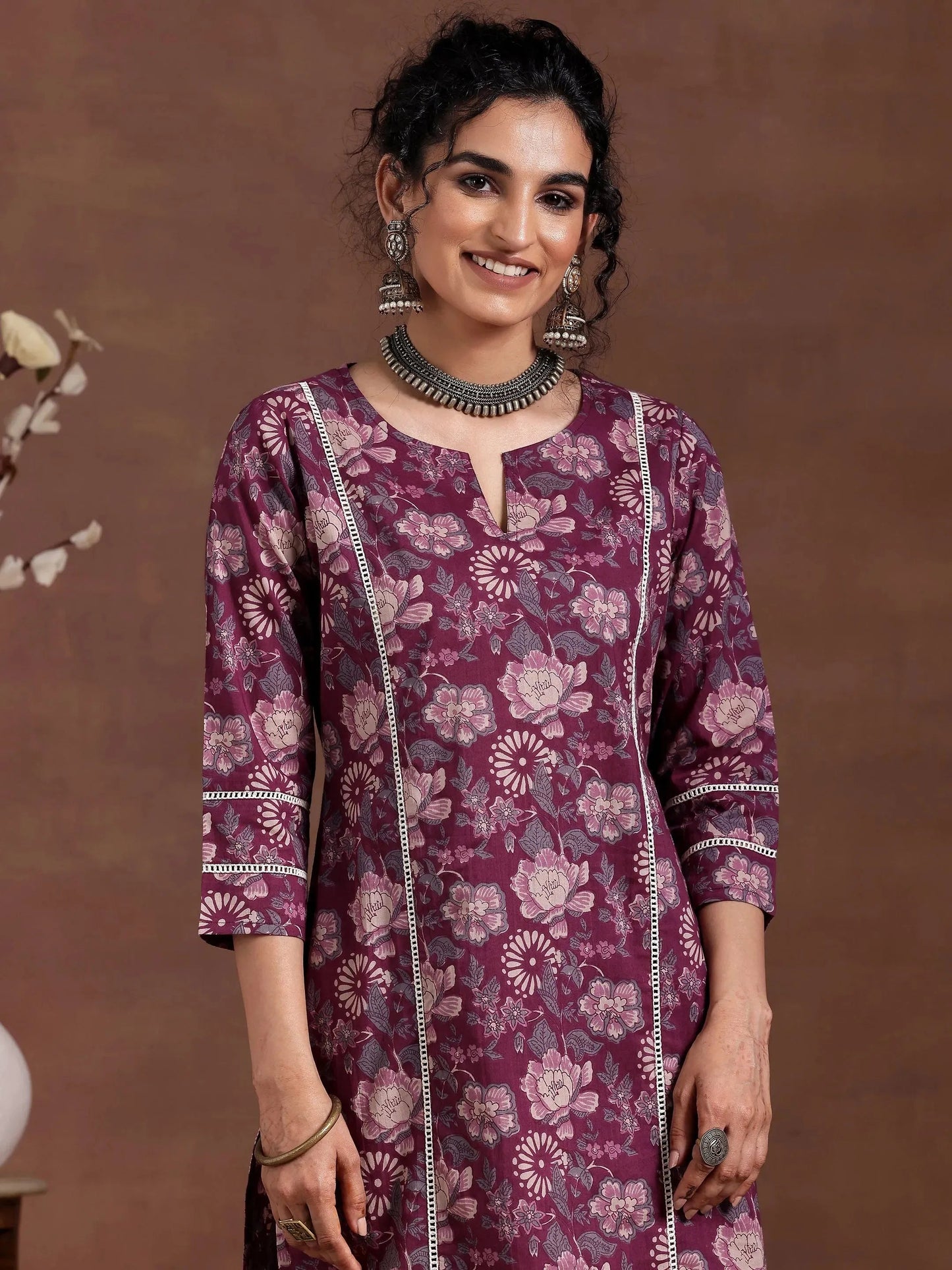 Wine Printed Cotton Straight Kurta Set