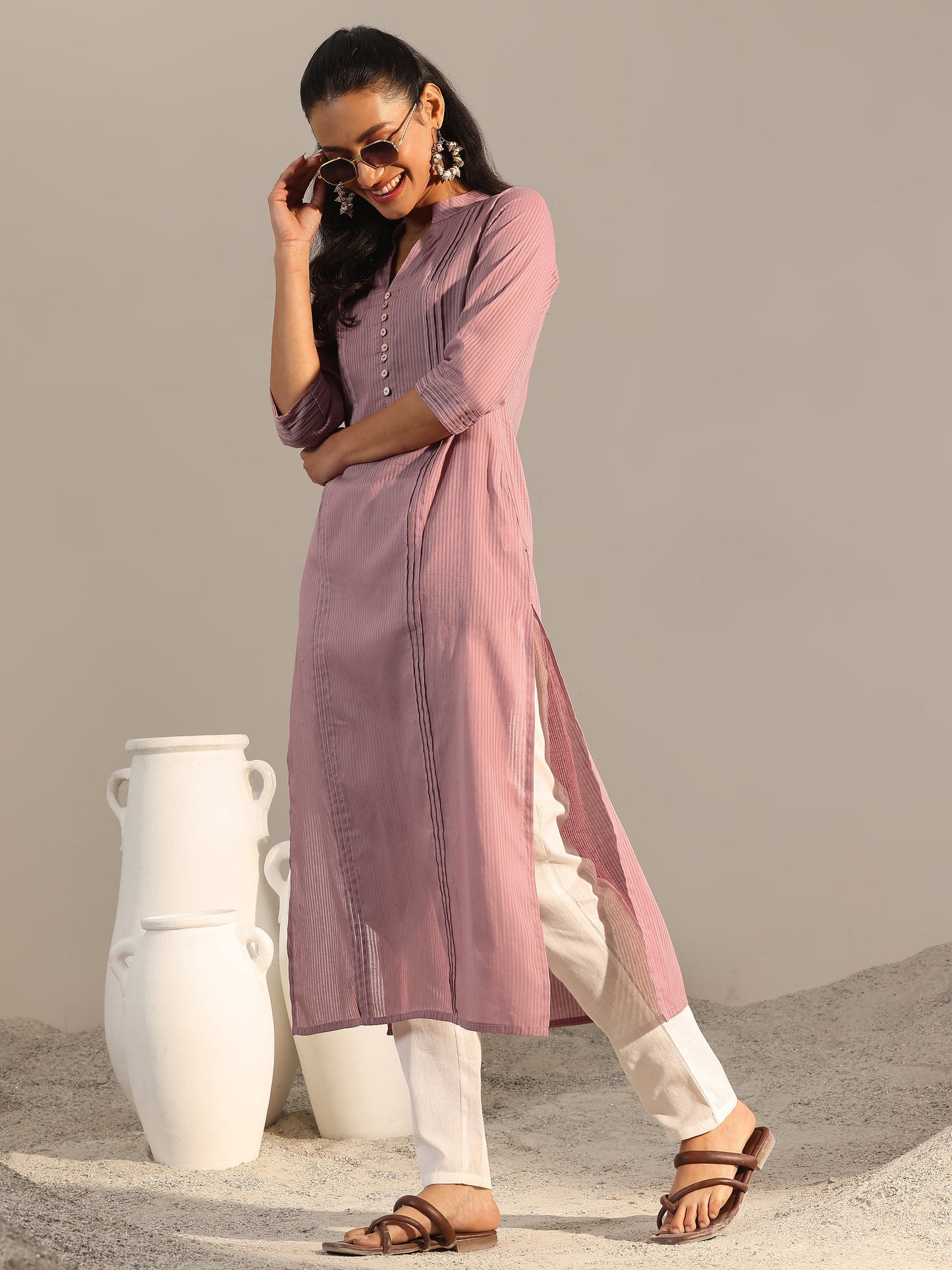 Mauve Printed Cotton Straight Kurta
