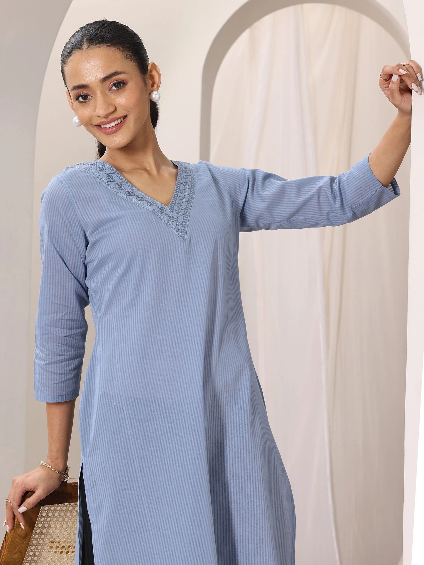 Blue Printed Cotton Straight Kurta