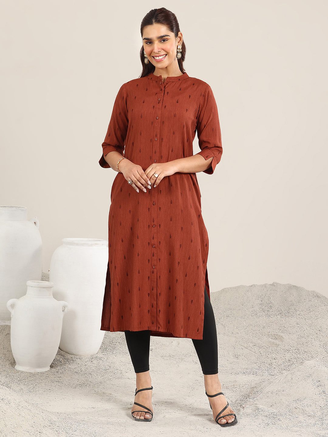 Rust Woven Design Rayon Straight Kurta