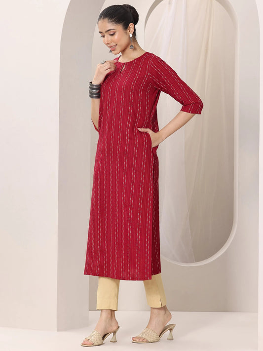 Red Woven Design Rayon Straight Kurta