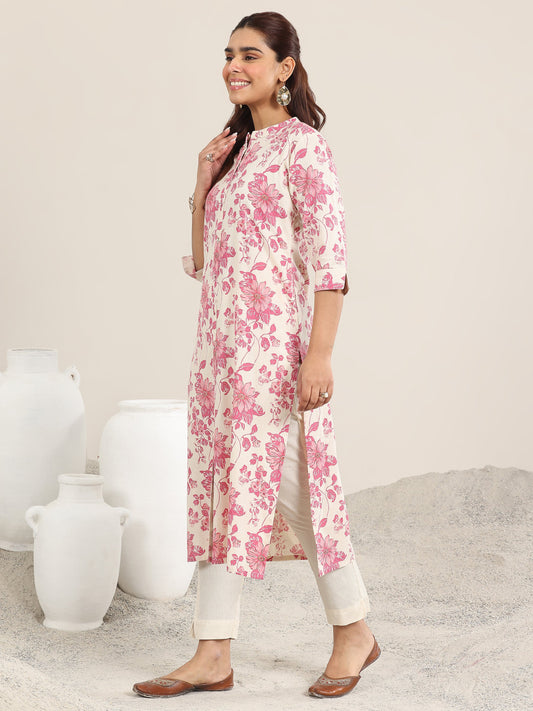 Pink Printed Cotton Straight Kurta