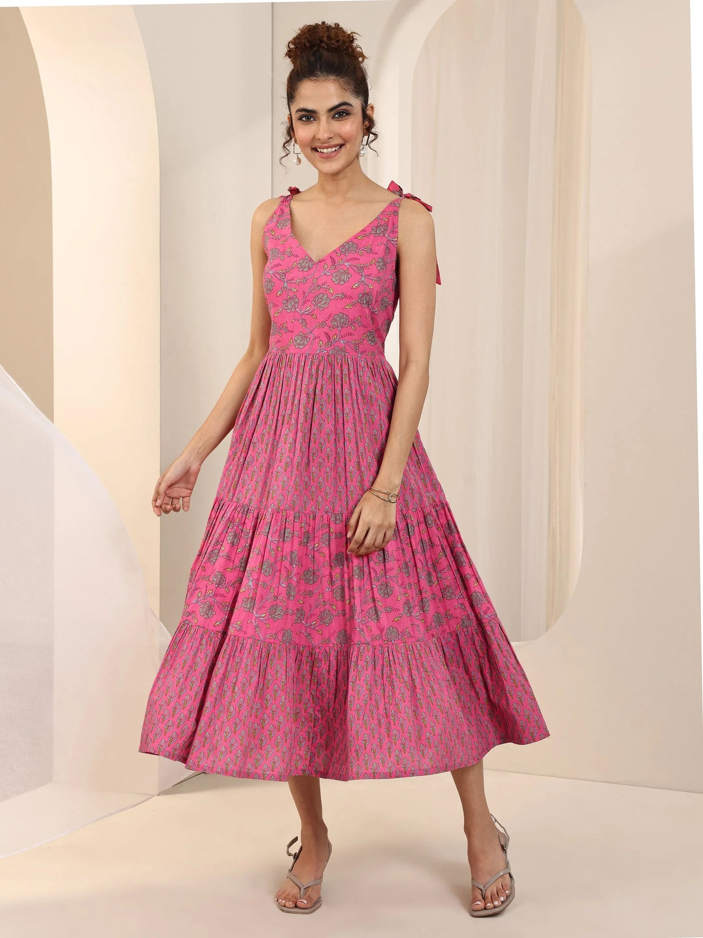 Pink Printed Cotton Fit and Flare Dress