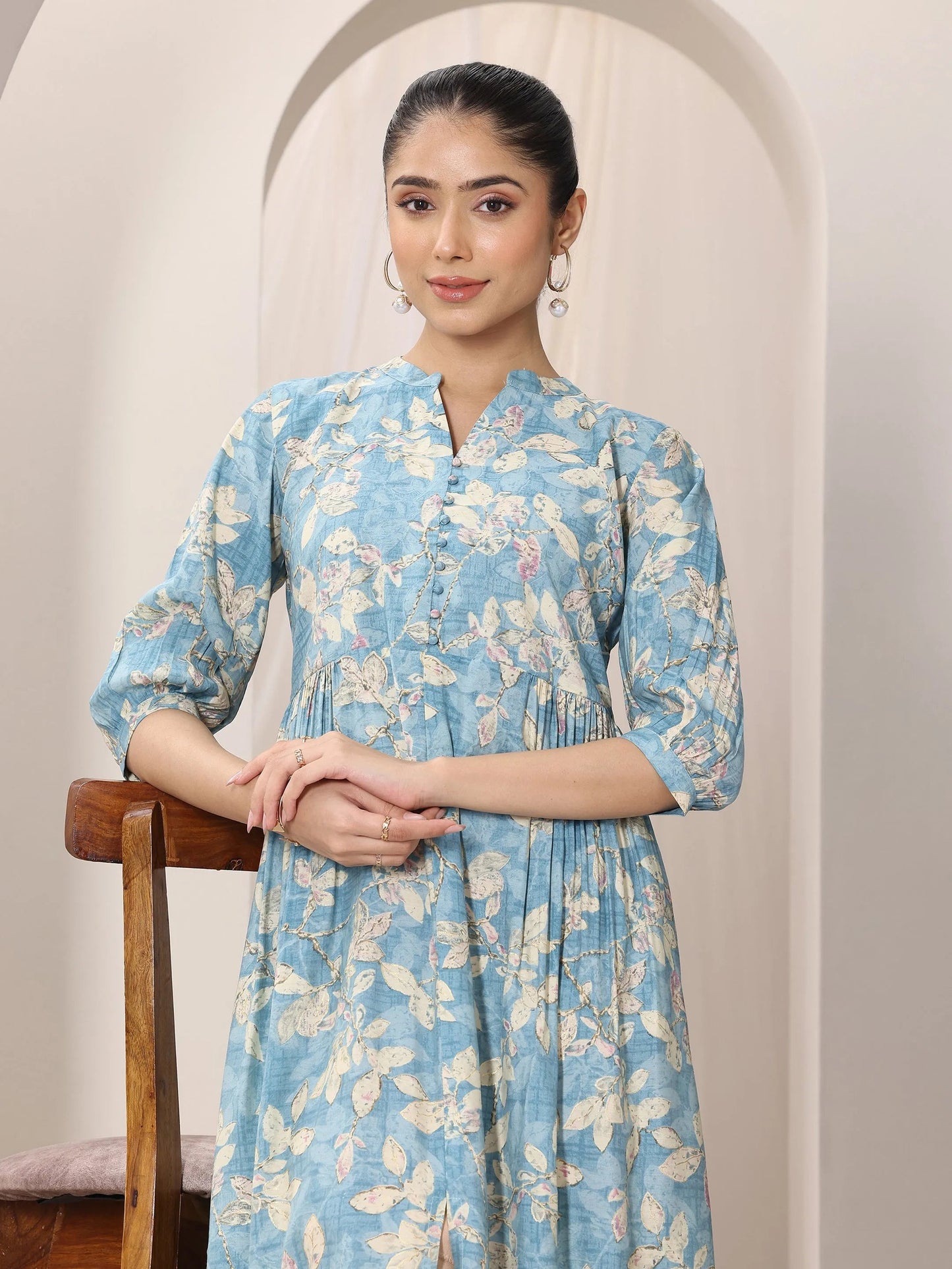 Blue Printed Silk Blend A-Line One Piece Dress