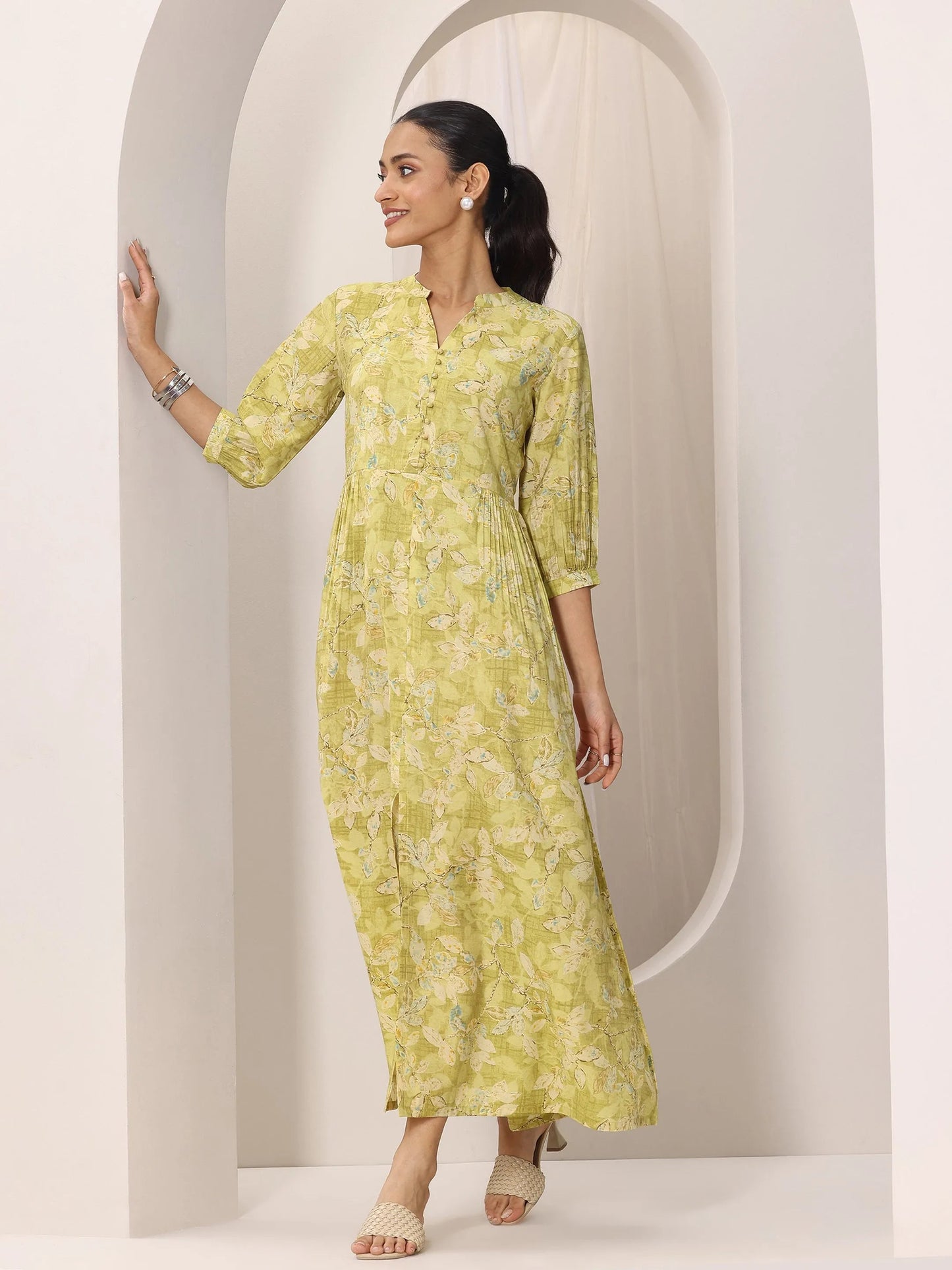 Olive Printed Silk Blend A-Line One Piece Dress