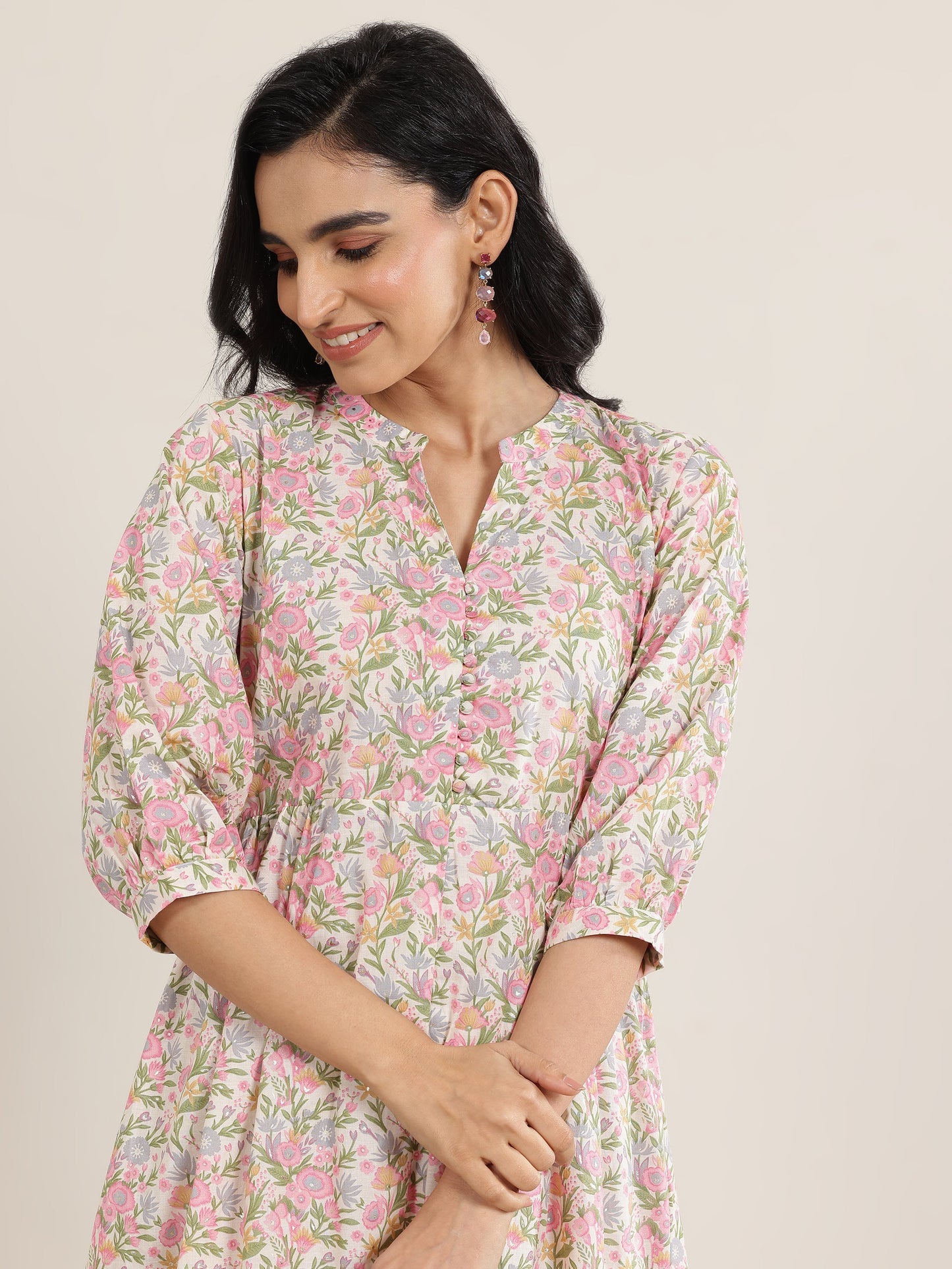 Pink Printed Silk Blend A-Line One Piece Dress