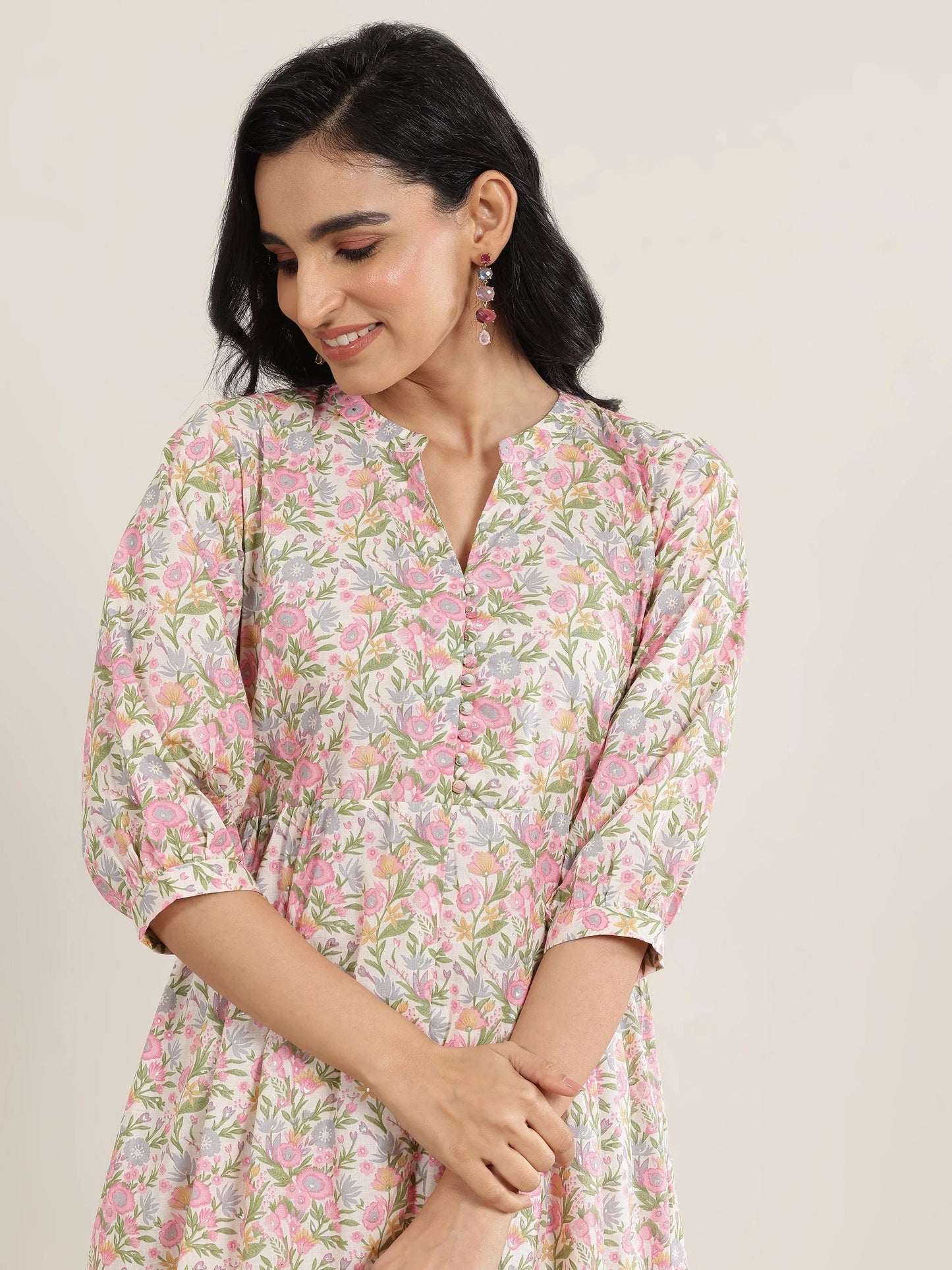 Pink Printed Cotton Blend A-Line Dress