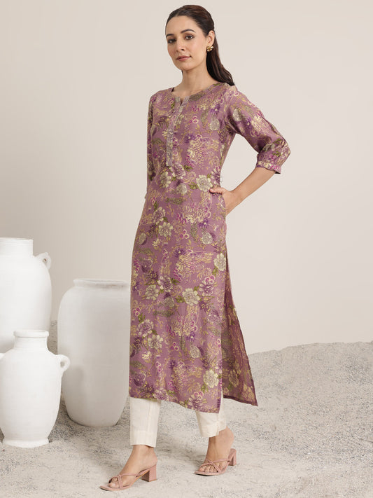 Mauve Printed Silk Blend Straight Kurta