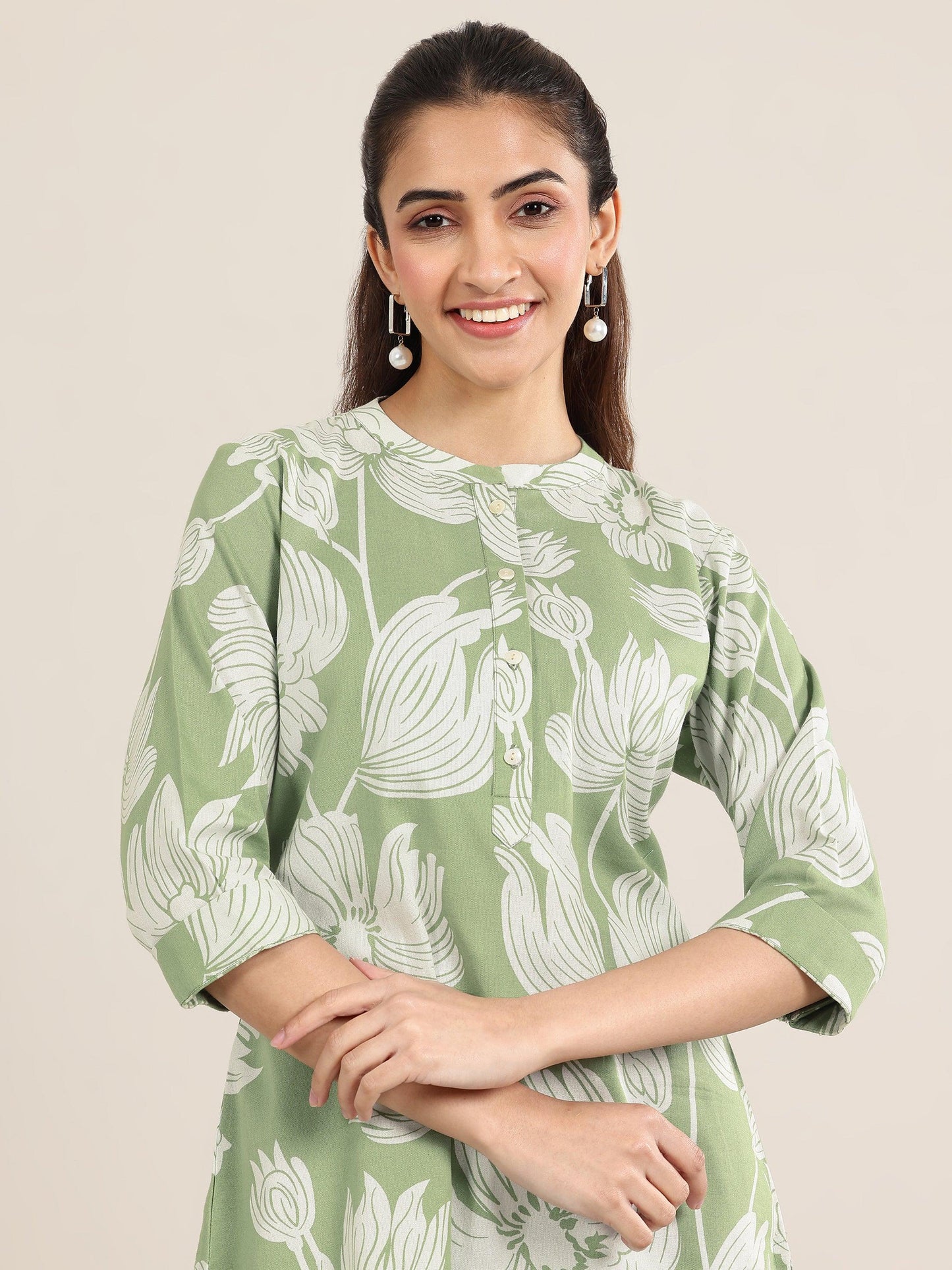 Green Printed Cotton Straight Short Kurti