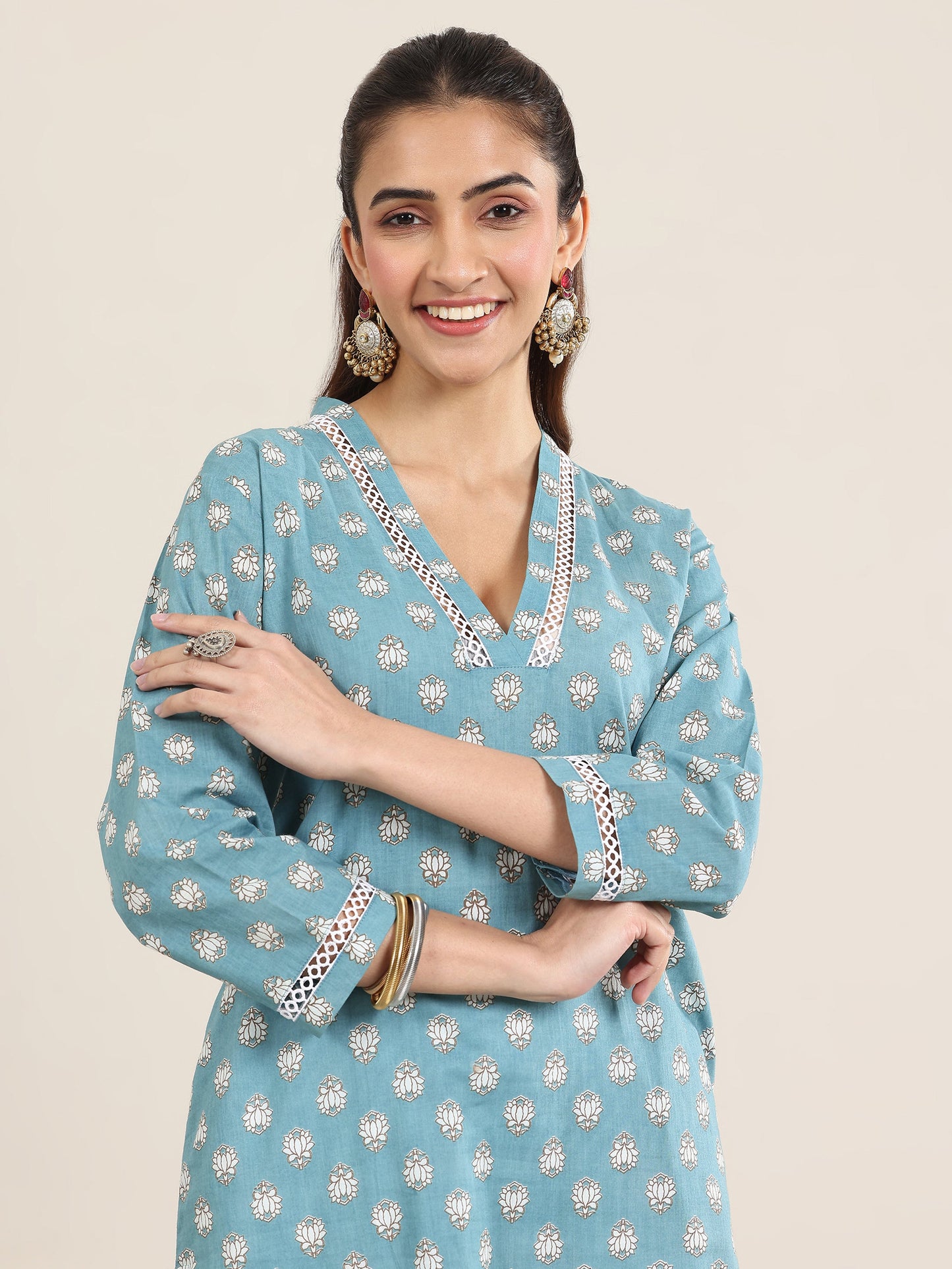 Blue Printed Cotton Straight Kurta