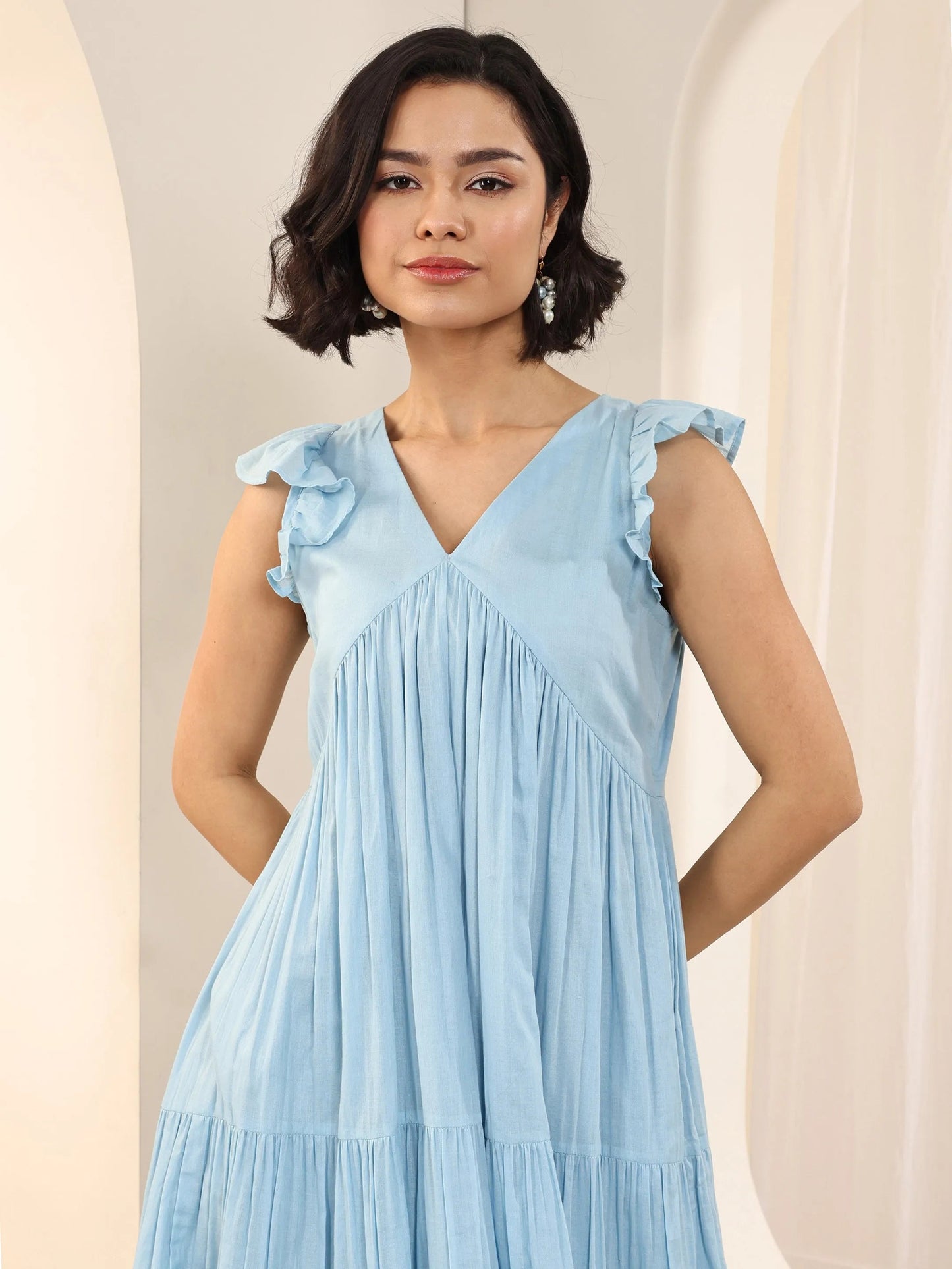 Blue Solid Cotton Fit and Flare One Piece Dress