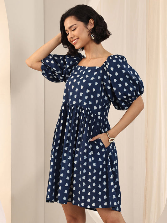 Indigo Printed Cotton Fit and Flare One Piece Dress