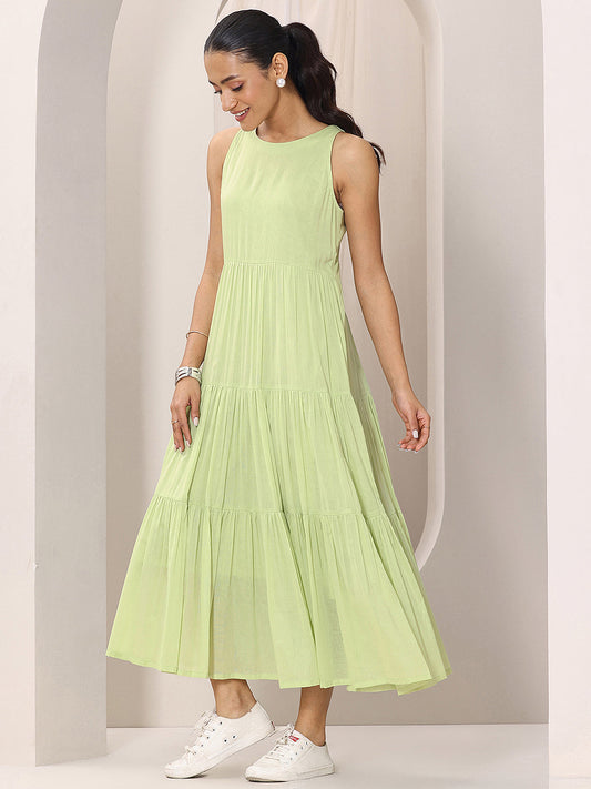 Green Solid Cotton Tiered Fit and Flare One Piece Dress