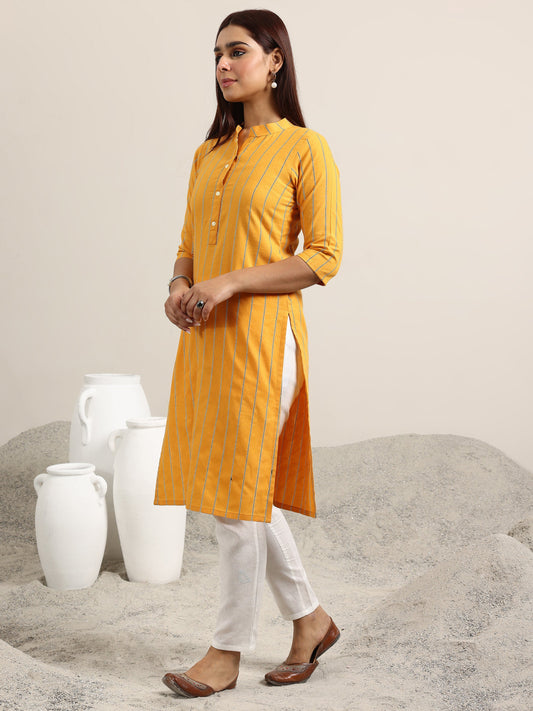 Mustard Striped Cotton Blend Straight Kurta