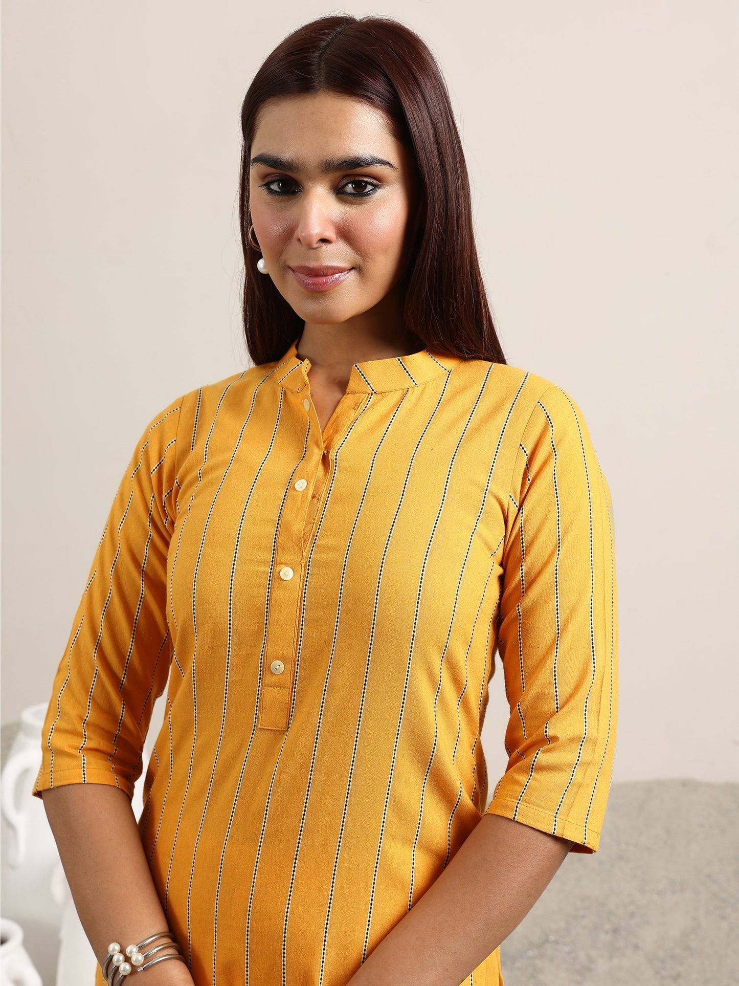 Mustard Striped Cotton Blend Straight Kurta