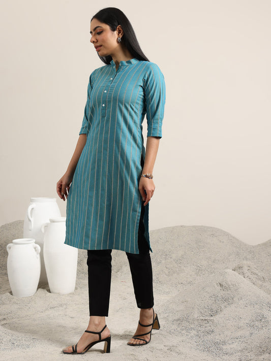 Blue Woven Design Cotton Blend Straight Kurta
