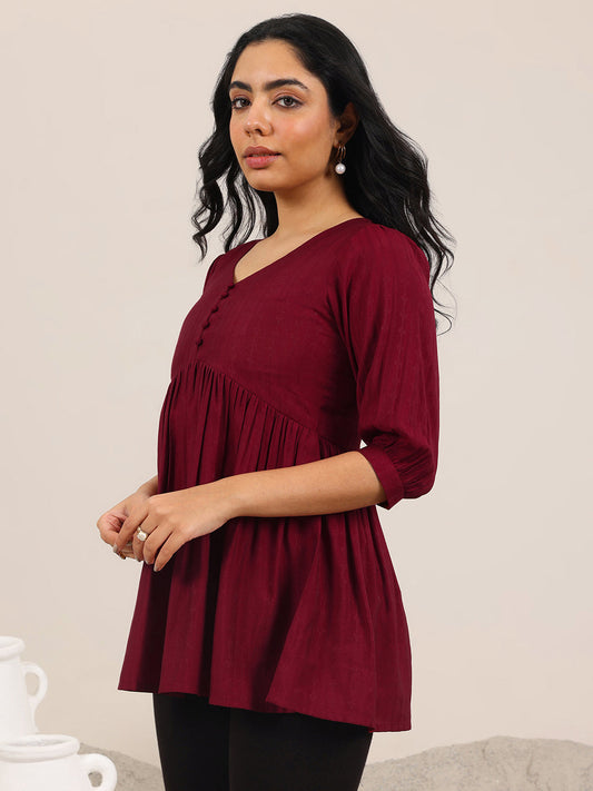 Maroon Solid Silk Blend Anarkali Short Kurti