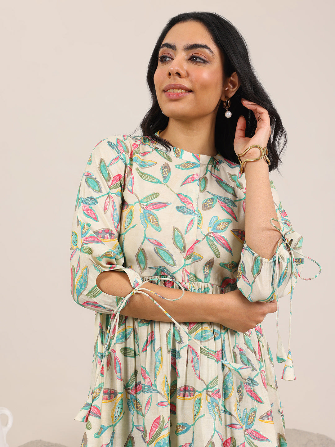 Off White Printed Silk Blend Anarkali Short Kurti