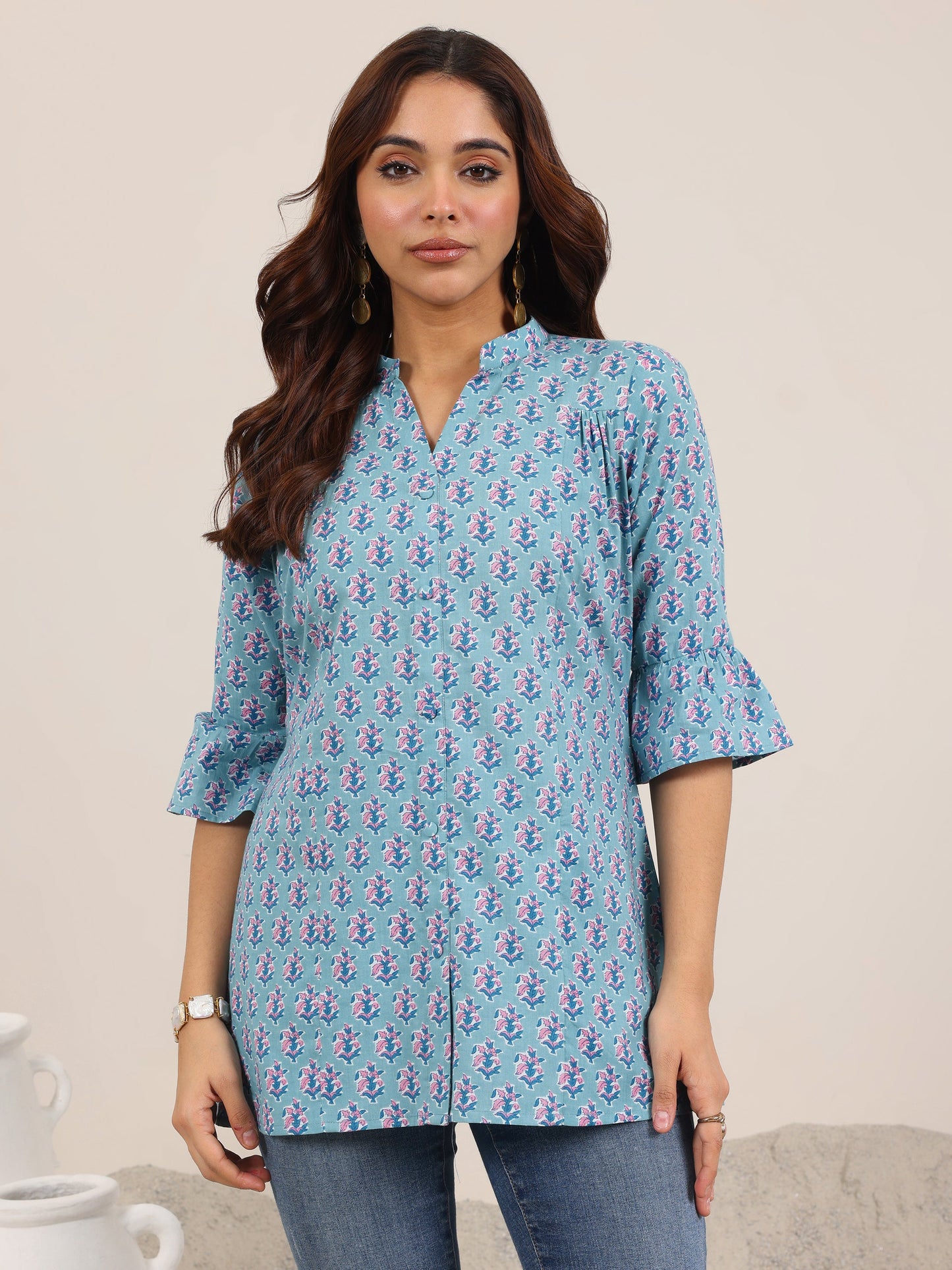 Blue Printed Cotton Straight Short Kurti