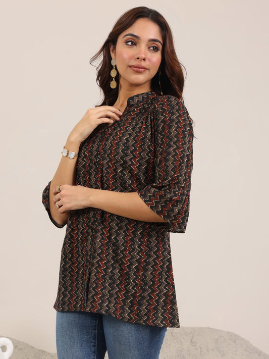 Black Printed Cotton Straight Short Kurti