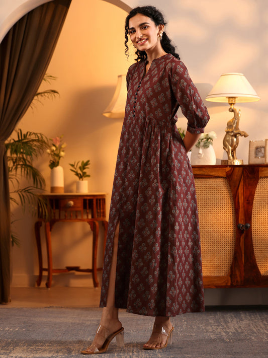 Rust Printed Cotton A-Line One Piece Dress