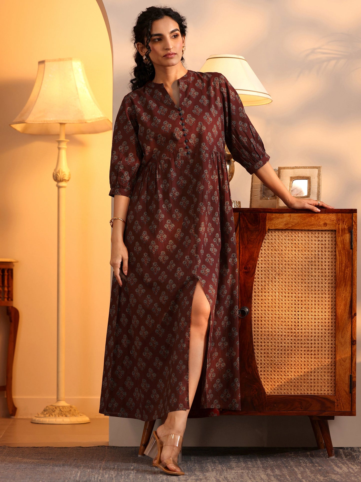 Rust Printed Cotton A-Line One Piece Dress